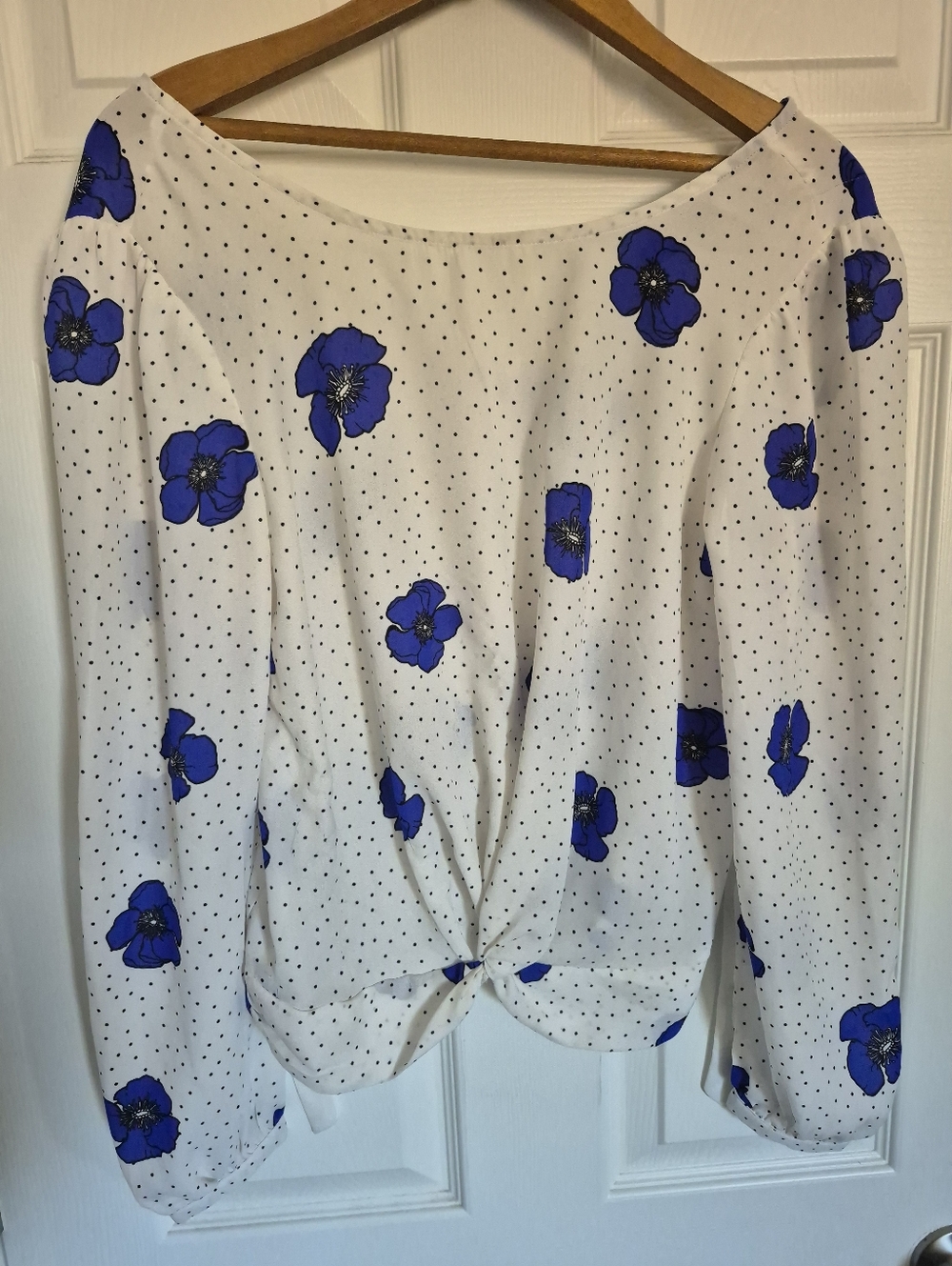 George White Blouse with Blue Poppy Print and Black Dots